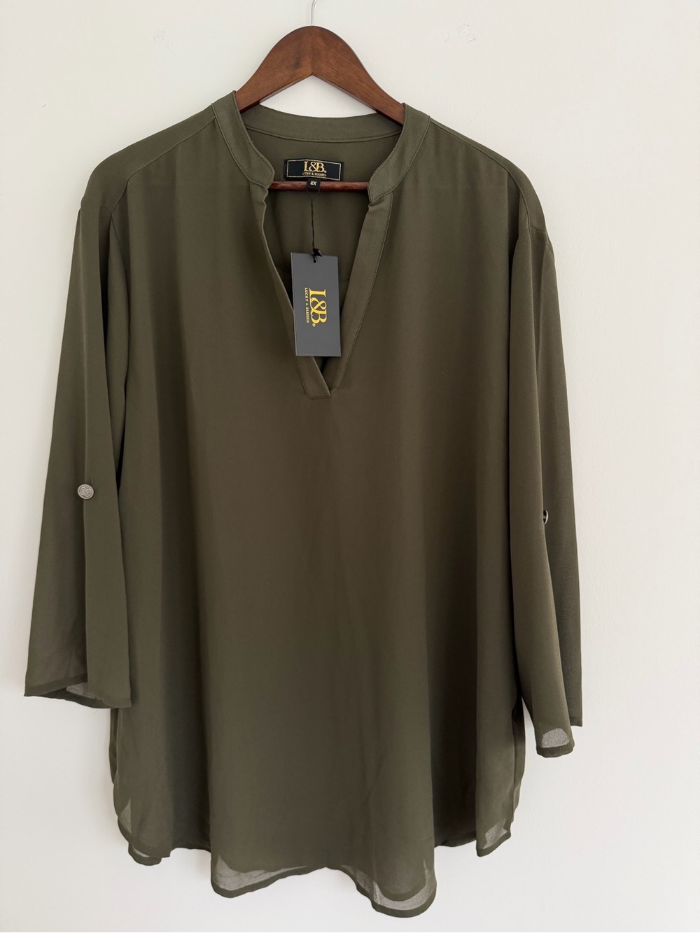L&B Lucky & Blessed Olive Sheer 3/4 Sleeve Tunic Blouse NWT Size 2X